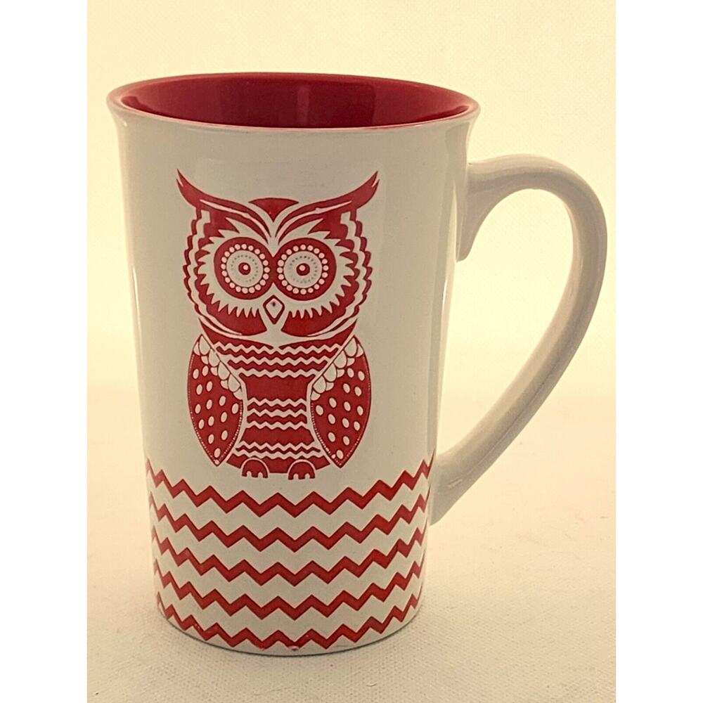 MUG-OWL-Tall-Red-Cream-Unique Design-Holds 1.5 Fluid Ounces